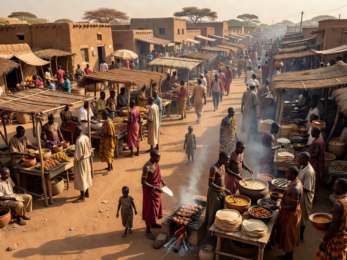 Historical depiction of bustling street food trade in African urban centers