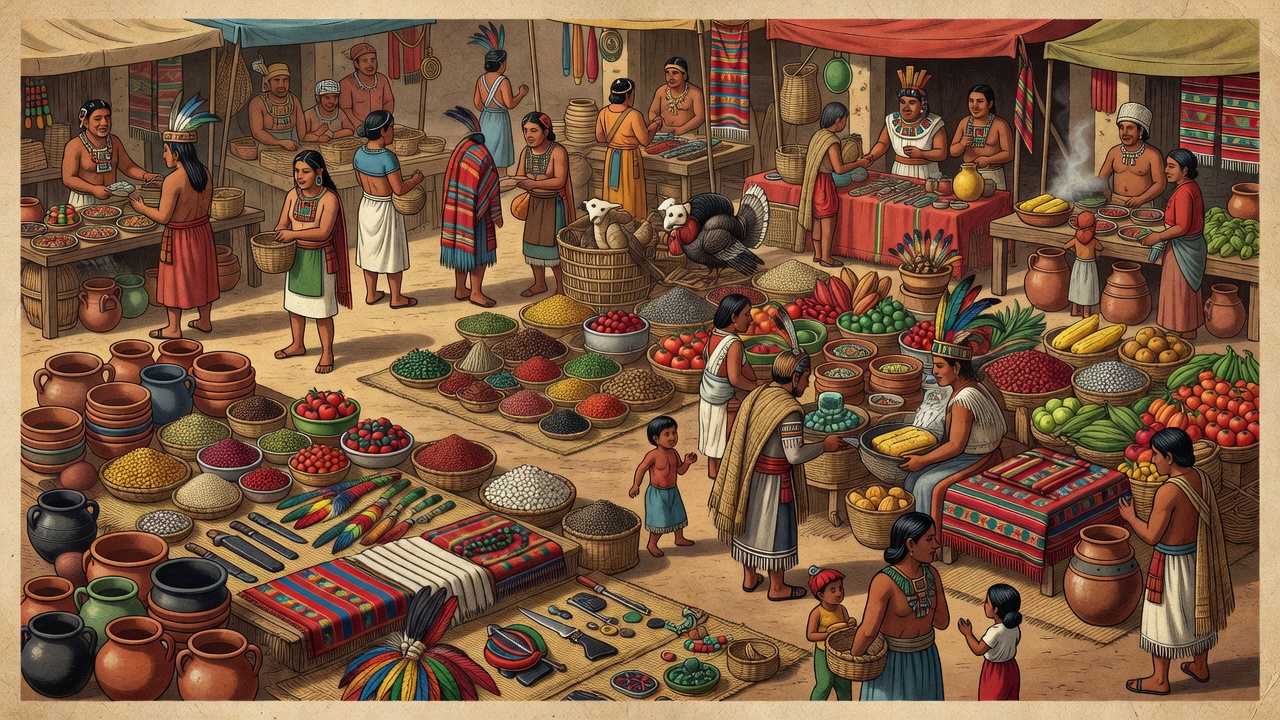 Historical drawing of an Aztec market scene