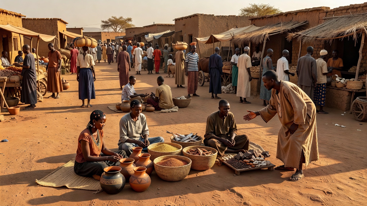 Historical image of street vendors in an African urban center