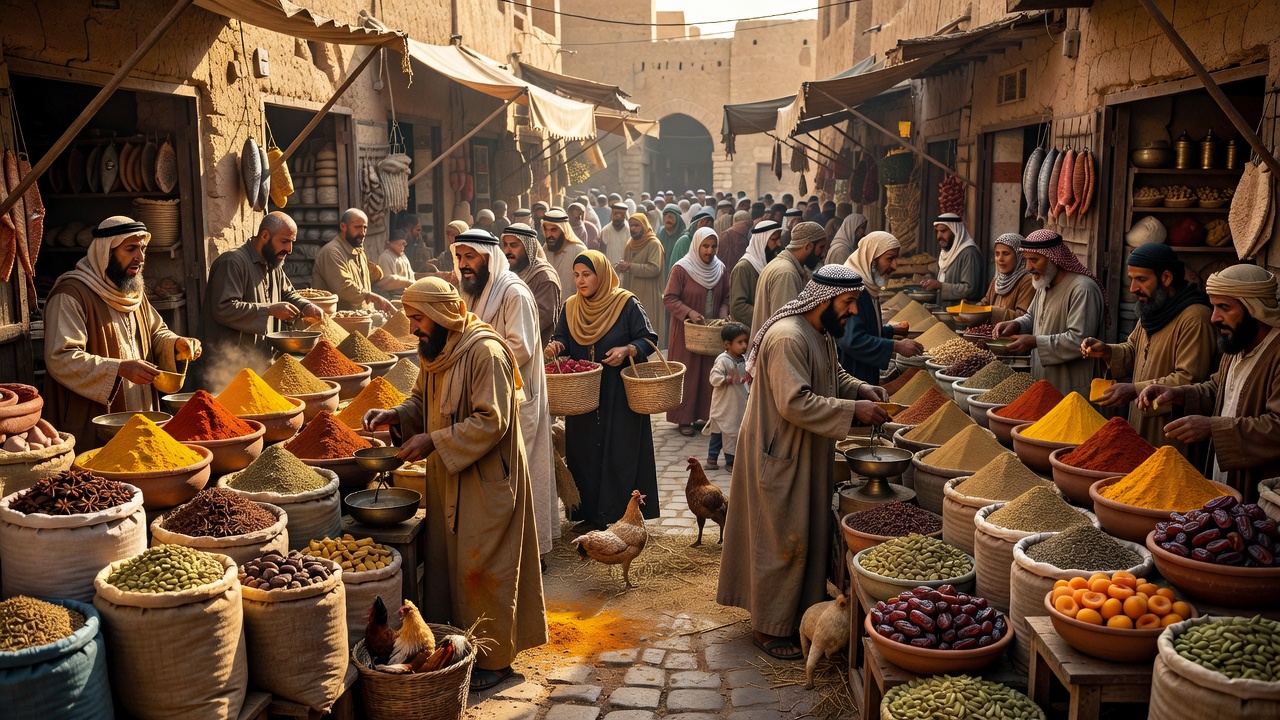 Historical photo of a bustling Middle Eastern spice and food market