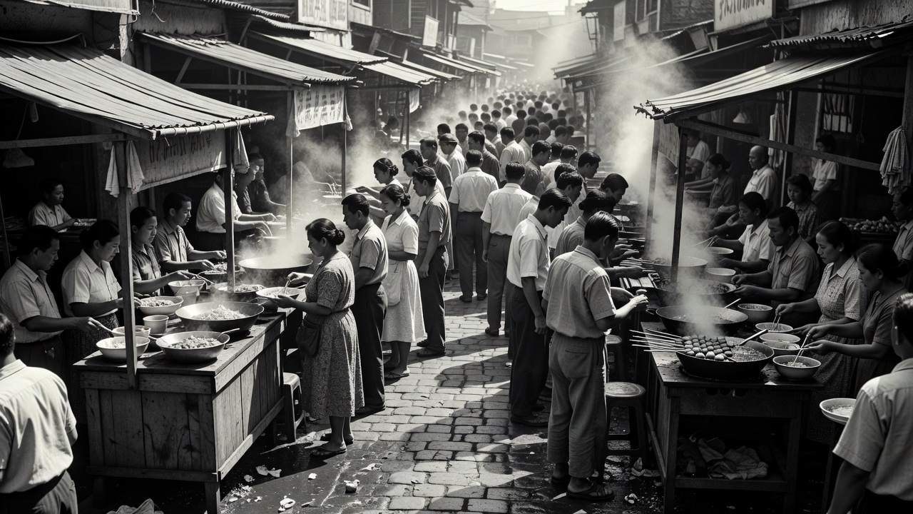 Historical photograph showing a crowded Asian street food market