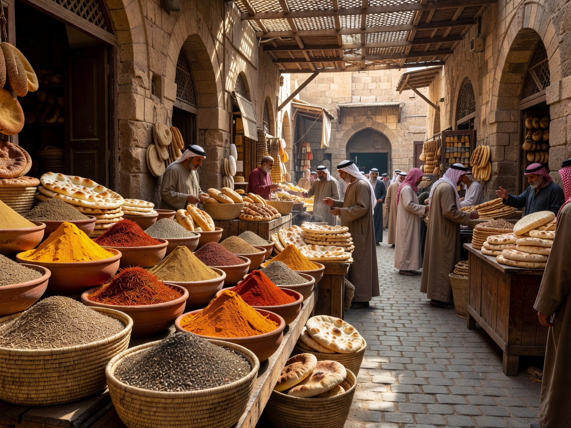 Spices and breads displayed in an historic Middle Eastern souk