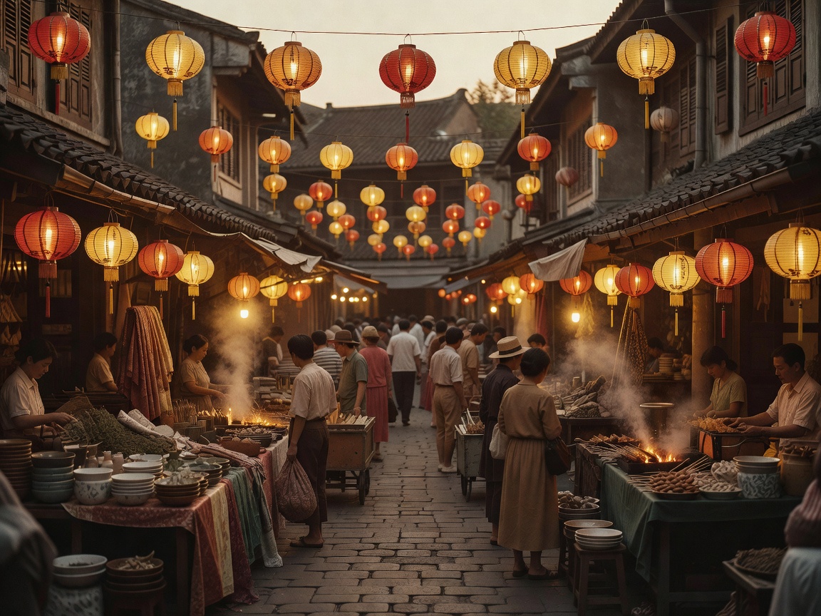 Vintage view of an Asian night market illuminated by lanterns
